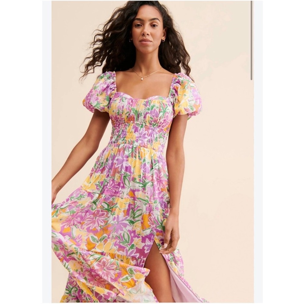 ASTR the Label Floral Smocked Puff Sleeve Tiered Maxi Dress Purple Yellow M